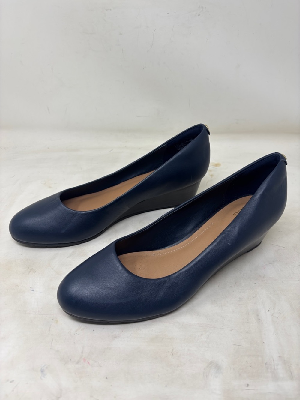 Clarks Navy Leather Wedge Pumps - Women